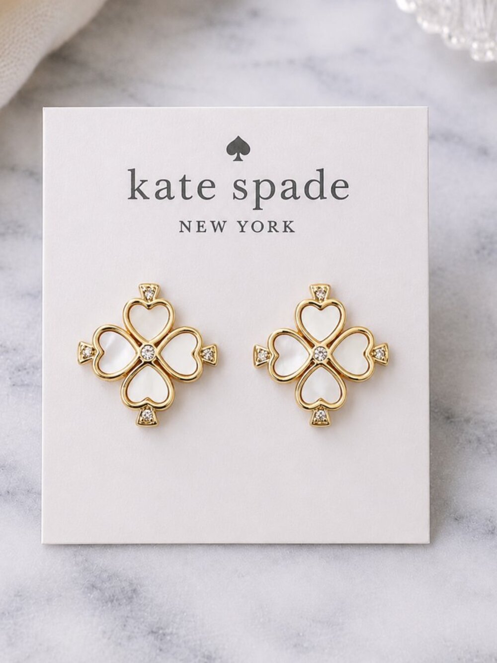 Kate Spade Gold Four Leaf Clover Heart Crystal Stud Earrings Mother of Pearl